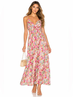 Watercolor Floral Maxi Dress Smocked Waist Tie Front Strappy Small Medium